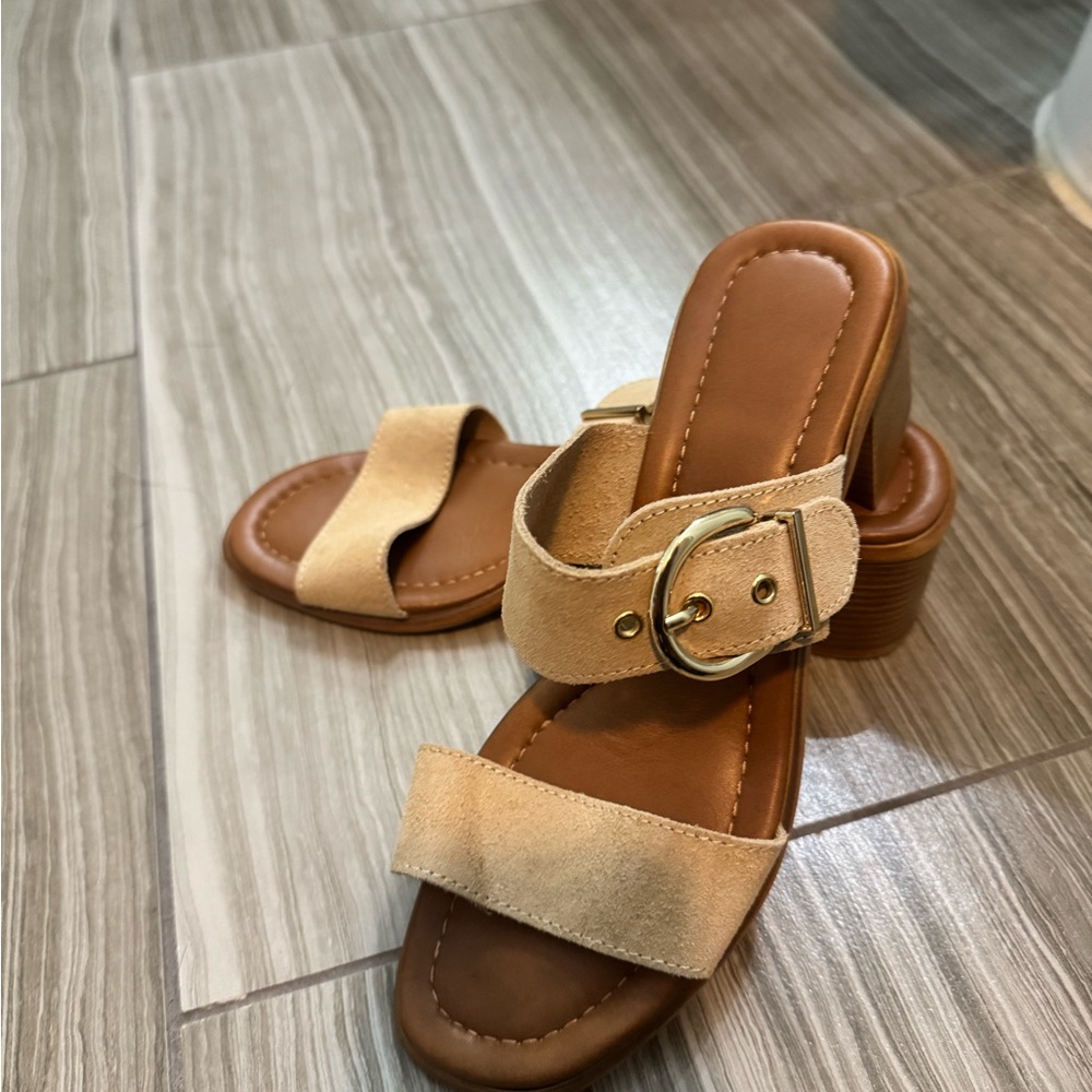 Marshalls Tan Suede Block Heel Mules with Buckle Accent